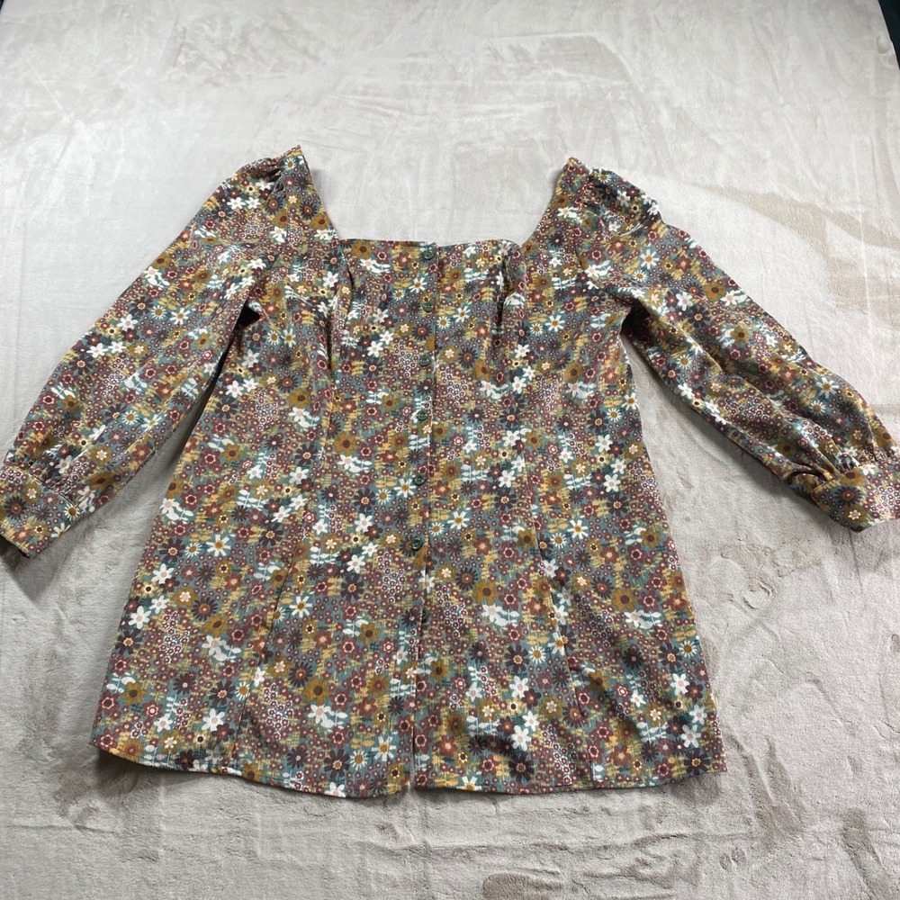Cider Flower Power Corduroy Mini Dress Womens Plus 4XL Button Up Puff Sleeve